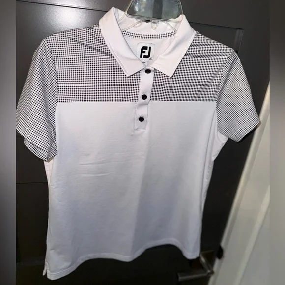 FootJoy FootJoy Women's Lisle Dot Print Yoke Polo- White  size small - Picture 9 of 12